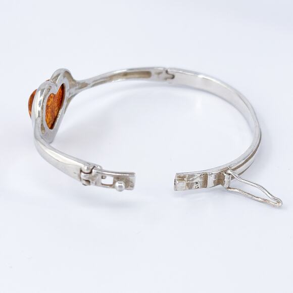 Vintage Sterling Silver 925 Amber Heart Bangle Bracelet 6.5” - Picture 6 of 10